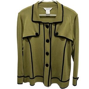 Exclusively Misook Button Up Knit Jacket Celery Green with Black Trim Large